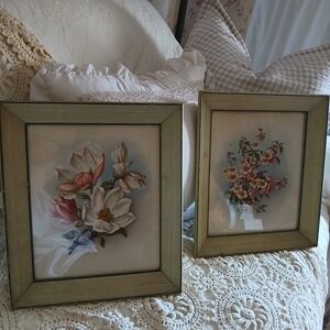 Pair of Framed Floral Prints in Muted Pastel Tones